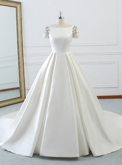White Short Sleeve Satin Backless Wedding Dress