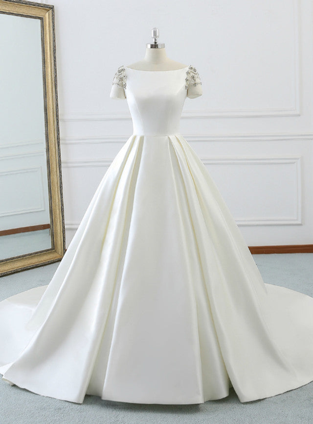 White Short Sleeve Satin Backless Wedding Dress