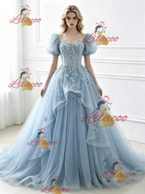 Blue Tulle Puff Sleeve Appliques Prom Dress