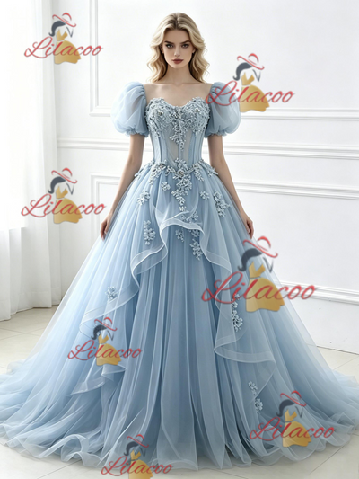 Blue Tulle Puff Sleeve Appliques Prom Dress