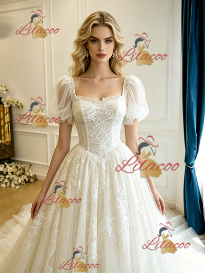 Beige White Lace Puff Sleeve Wedding Dress