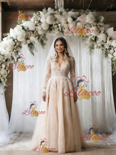 Champagne Tulle Lace Long Sleeve Wedding Dress