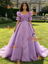 Purple Tulle Straps Appliques Quinceanera Dress