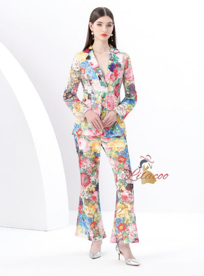 Suit Collar Lace Top Trousers Printed Two-piece Suit