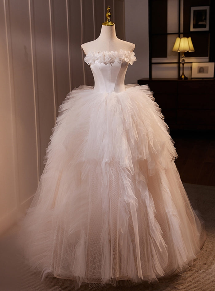 White Tulle Strapless 3D Flower Wedding Dress