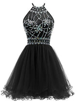 Black Tulle Halter Backless Homecoming Dress