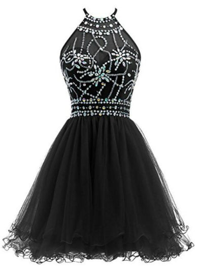 Black Tulle Halter Backless Homecoming Dress