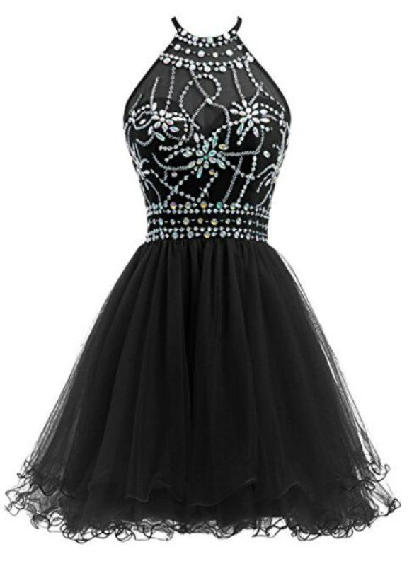 Black Tulle Halter Backless Homecoming Dress