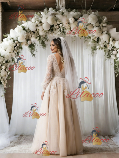 Champagne Tulle Lace Long Sleeve Wedding Dress
