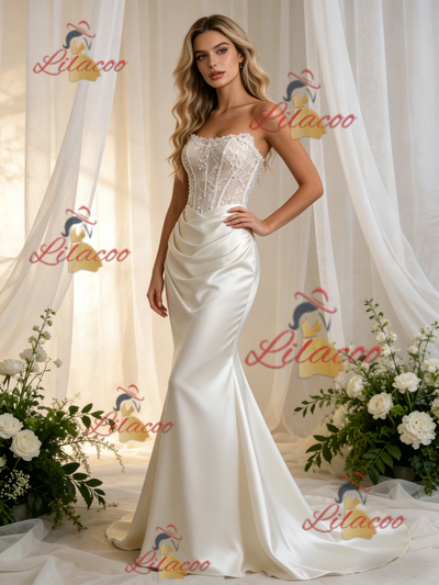 White Mermaid Satin Appliques Strapless Wedding Dress