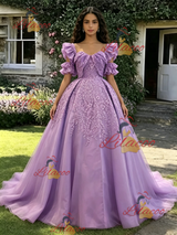 Purple Tulle Straps Appliques Quinceanera Dress
