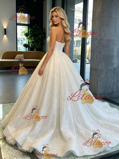 White Sequins Strapless Wedding Dress