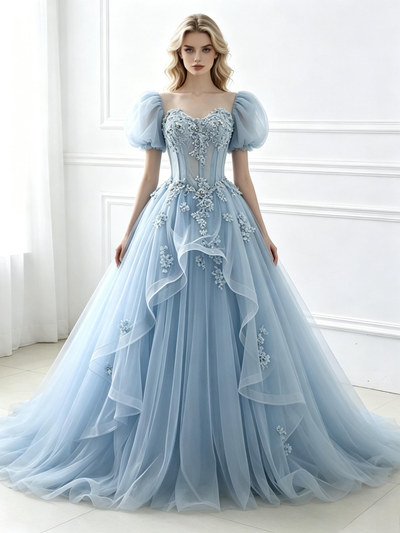 Blue Tulle Puff Sleeve Appliques Prom Dress