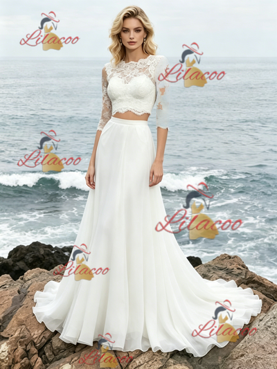 White Two PIece Long Sleeve Lace Wedding Dress