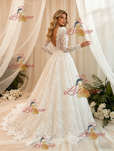 White Lace Long Sleeve V-neck Wedding Dress