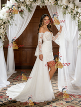 White Lace Tulle Long Sleeve Wedding Dress