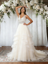 Beige White Tulle V-neck Wedding Dress