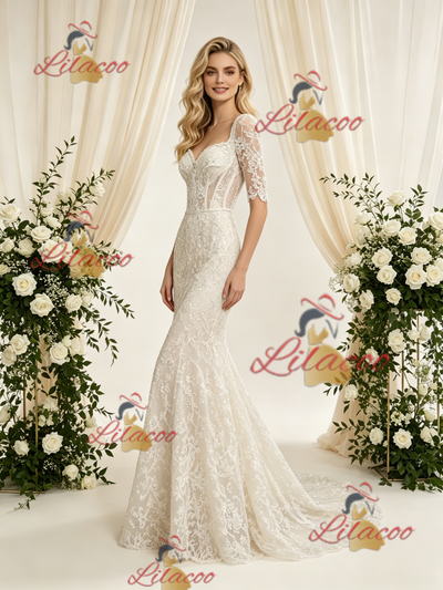 Ivory Mermaid Lace Short Sleeve Wedding Dress