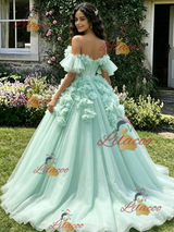 Grene Tulle Off the Shoulder 3D Flower Quinceanera Dress