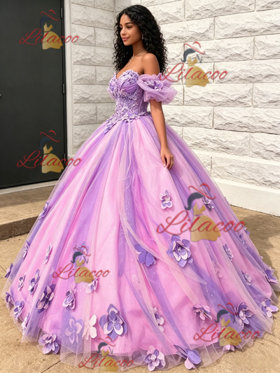 Purple Tulle Off the Shoulder 3D Flower Quinceanera Dress