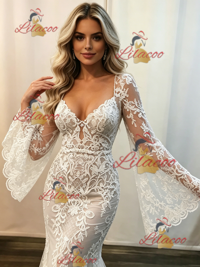 White Mermaid Lace Long Sleeve Wedding Dress