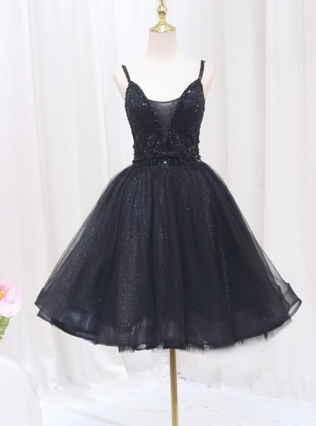 Black Tulle Sequins Straps Beading Homecoming Dress