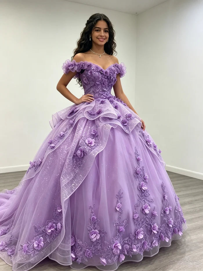Purple Tulle Off the Shoulder 3D Flower Quinceanera Dress