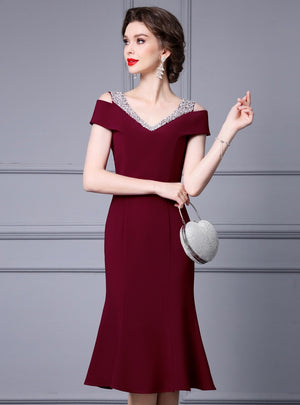 Burgundy V-neck Beading Mother Of The Bride Dress