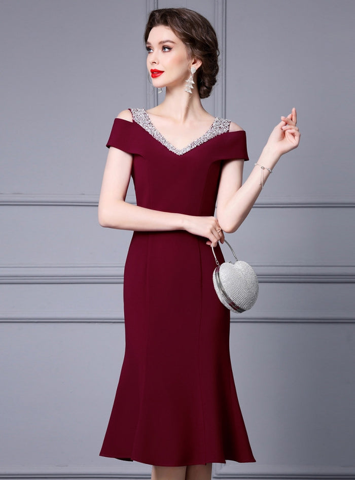 Burgundy V-neck Beading Mother Of The Bride Dress