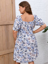 Square Neck Short Sleeve Floral Plus Size Dress
