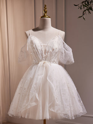 White Tulle Sequins Pearls Homecoming Dress