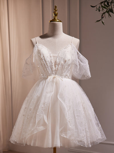 White Tulle Sequins Pearls Homecoming Dress