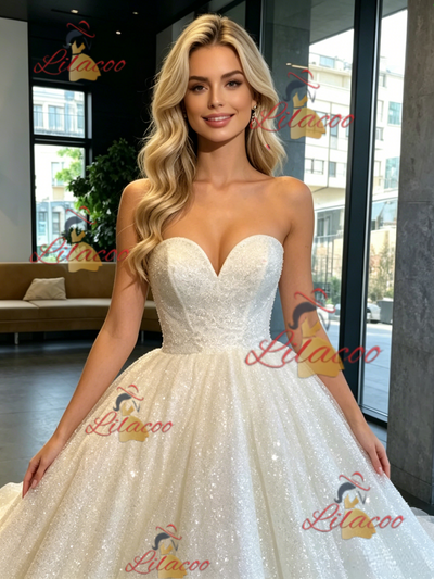 White Sequins Strapless Wedding Dress