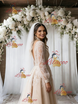 Champagne Tulle Lace Long Sleeve Wedding Dress