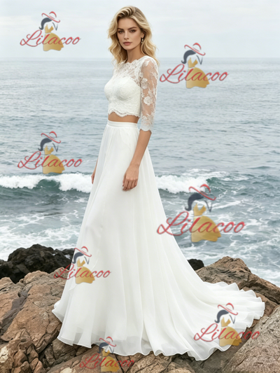 White Two PIece Long Sleeve Lace Wedding Dress
