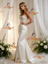 White Mermaid Satin Appliques Strapless Wedding Dress