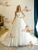 Beige White Tulle Lace Strapless Wedding Dress