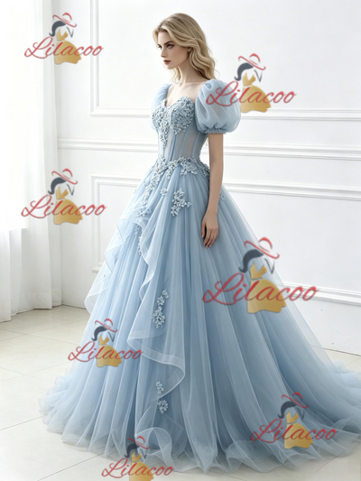 Blue Tulle Puff Sleeve Appliques Prom Dress