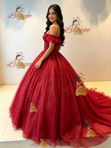 Burgundy Tulle Off the Shoulder Quinceanera Dress