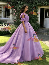 Purple Tulle Straps Appliques Quinceanera Dress
