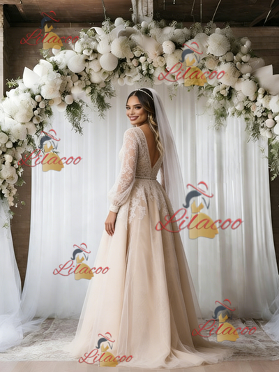 Champagne Tulle Lace Long Sleeve Wedding Dress