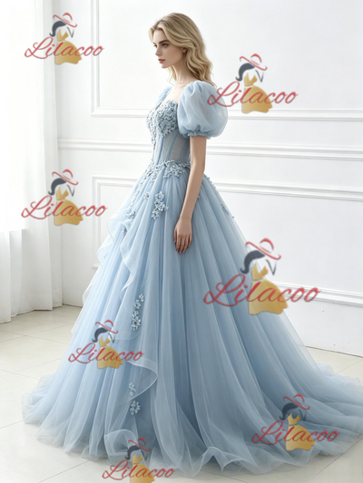 Blue Tulle Puff Sleeve Appliques Prom Dress