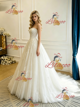 Beige White Tulle Lace Strapless Wedding Dress