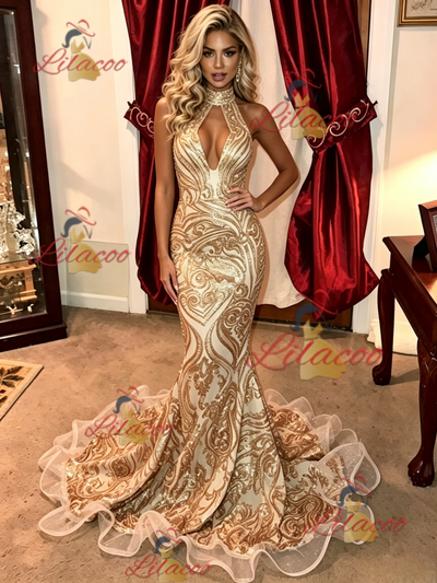 Gold Mermaid Sequins Halter Prom Dress