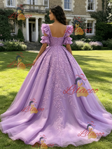 Purple Tulle Straps Appliques Quinceanera Dress