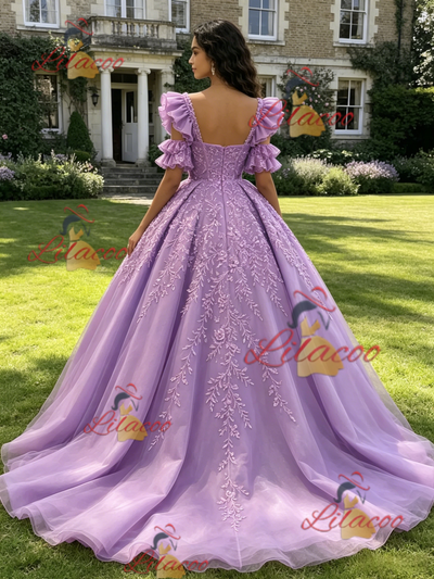 Purple Tulle Straps Appliques Quinceanera Dress