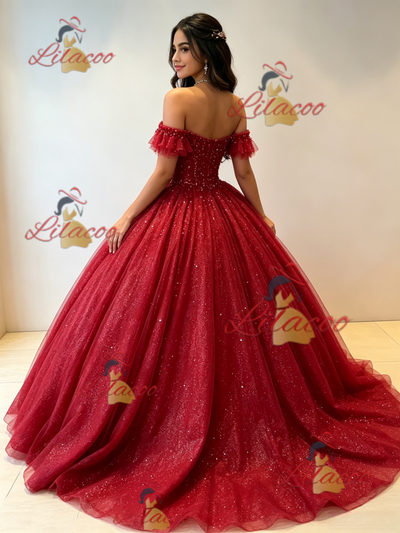 Burgundy Tulle Off the Shoulder Quinceanera Dress