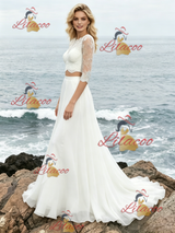 White Two PIece Long Sleeve Lace Wedding Dress