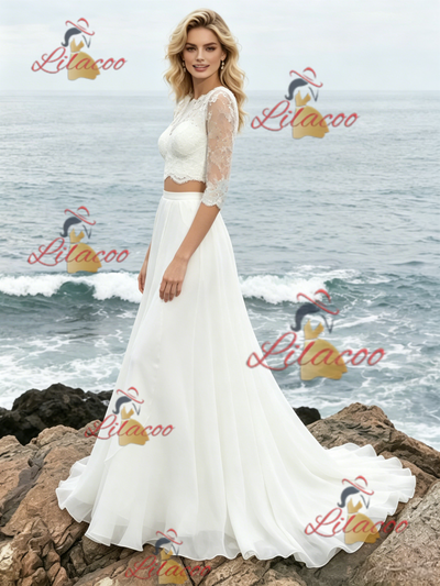 White Two PIece Long Sleeve Lace Wedding Dress