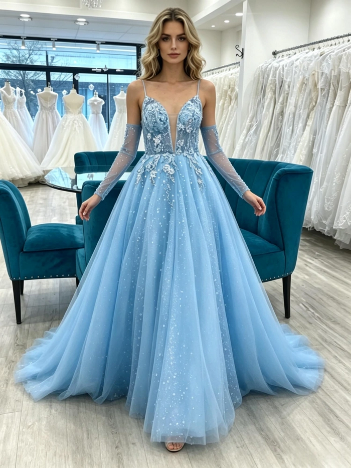 Blue Tulle Spaghetti Straps Prom Dress